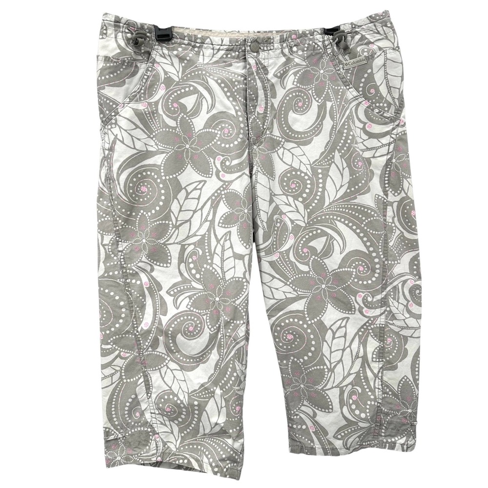 Columbia Capri Pants Drawstring Khaki Gray & White Paisley Floral Women's Large